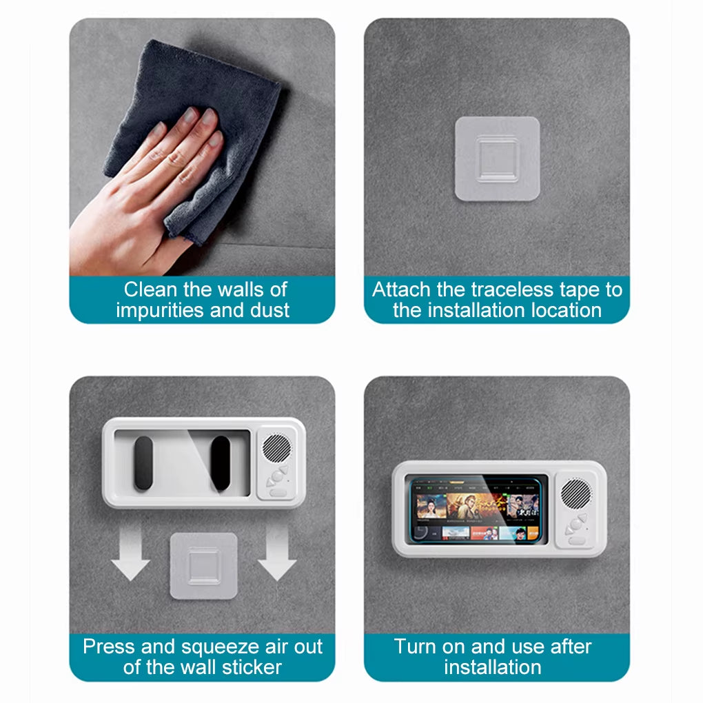 Shower Phone Holder with Bluetooth Speaker IPX4 Waterproof Anti-Fog Touch Screen Wall Mount Phone Holder for Shower Bathroom ﻿