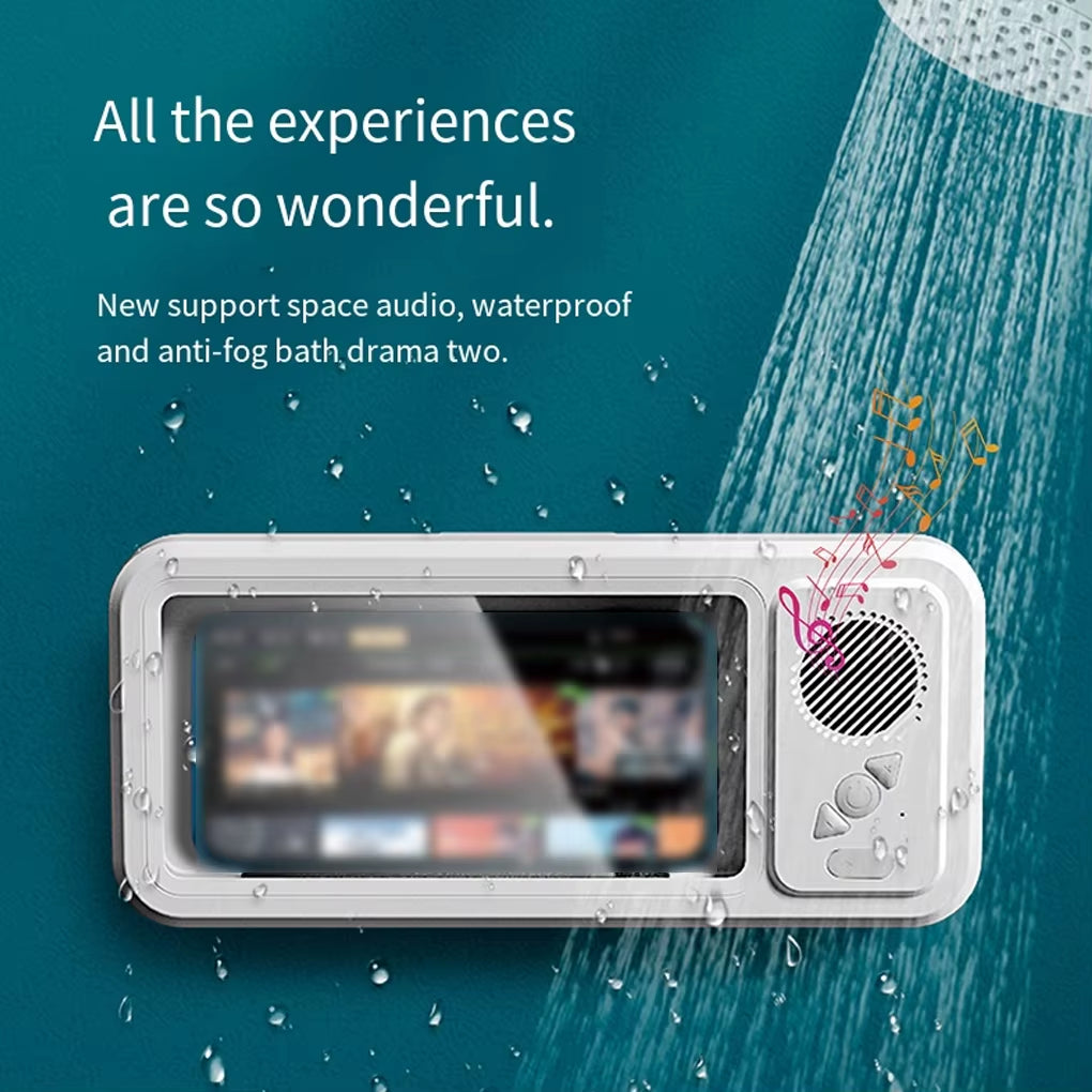 Shower Phone Holder with Bluetooth Speaker IPX4 Waterproof Anti-Fog Touch Screen Wall Mount Phone Holder for Shower Bathroom ﻿
