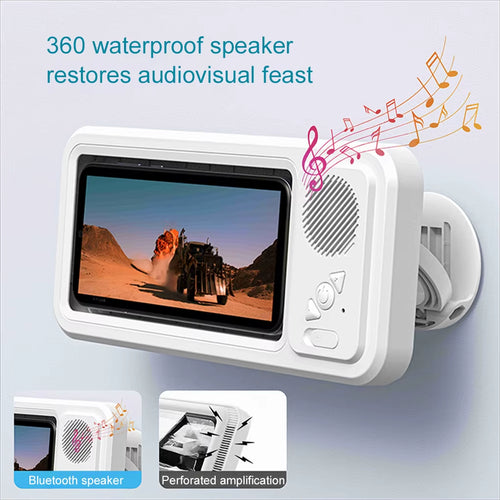 Shower Phone Holder with Bluetooth Speaker IPX4 Waterproof Anti-Fog Touch Screen Wall Mount Phone Holder for Shower Bathroom ﻿