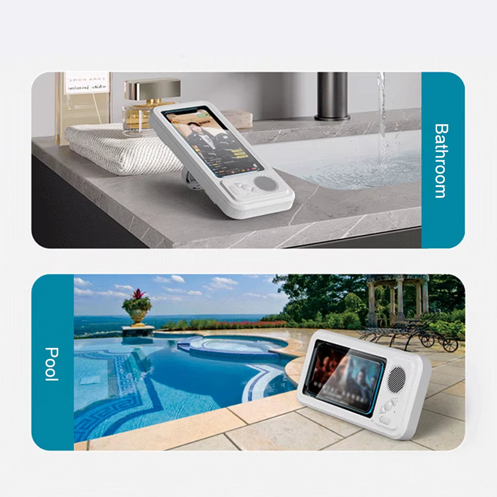 Shower Phone Holder with Bluetooth Speaker IPX4 Waterproof Anti-Fog Touch Screen Wall Mount Phone Holder for Shower Bathroom ﻿